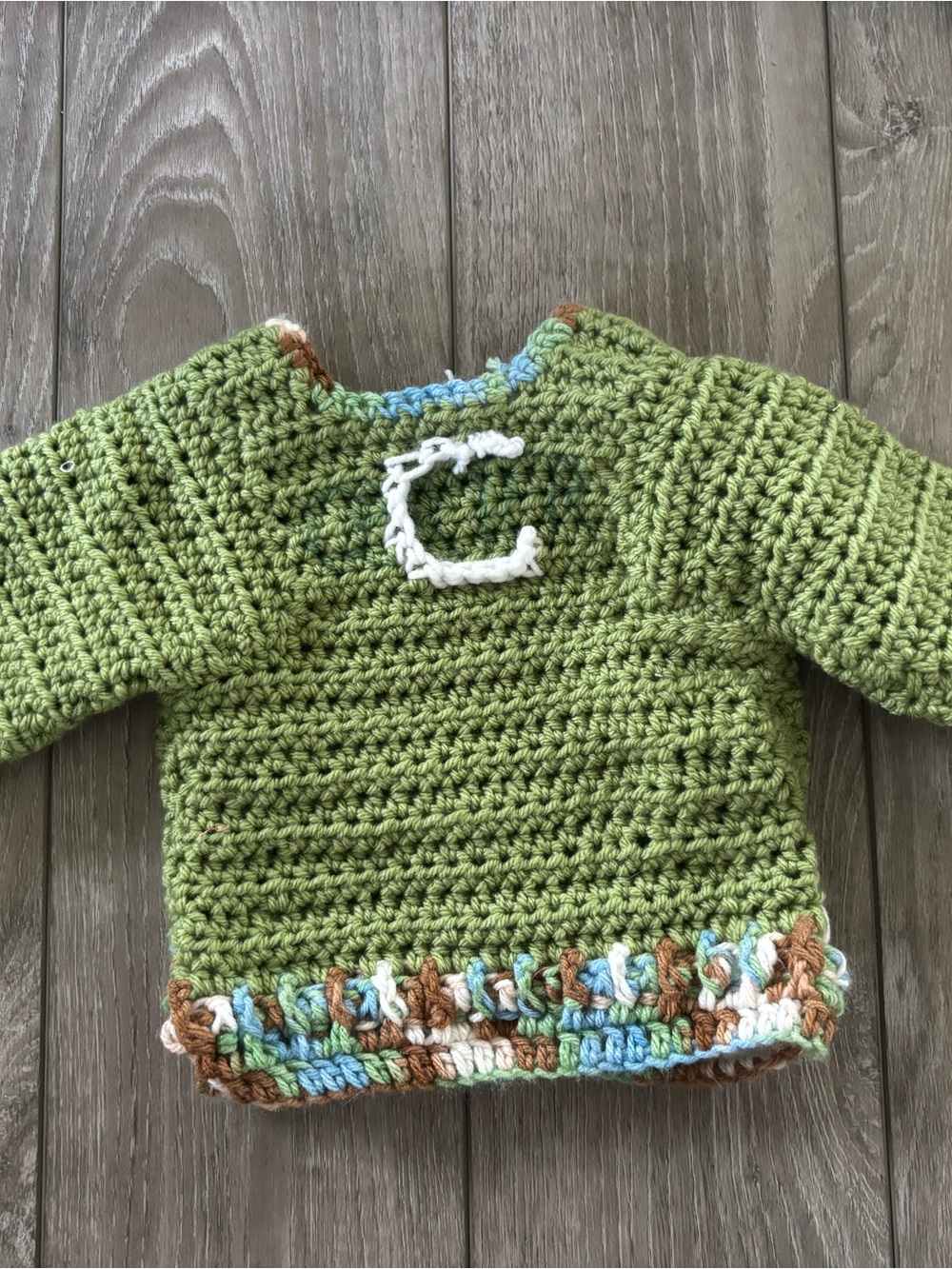 Handmade Green Crocheted Kids Jacket with Multicolor Trim